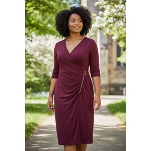 True Envy Burgundy Faux Wrap Sheath Dress 3/4 Sleeve Side Zip 12 3005
